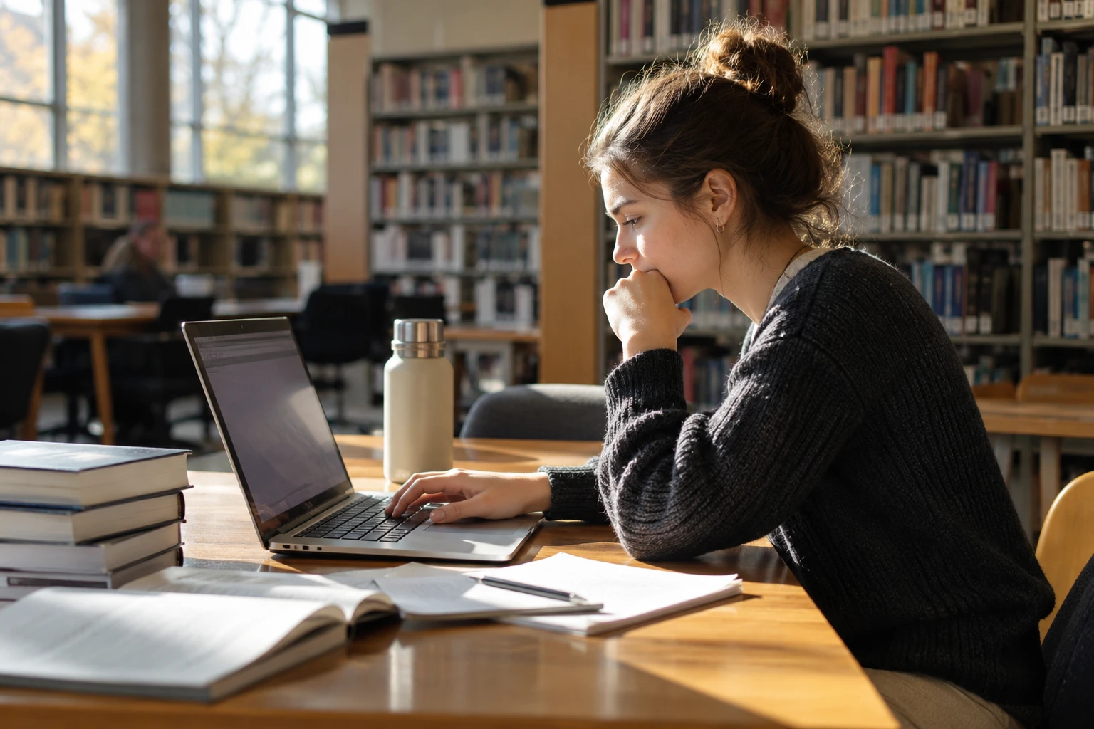 Student u knjižnici provjerava prijavu na laptopu