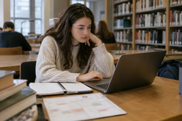Student u knjižnici uspoređuje oglase na laptopu uz bilježnicu i raspored